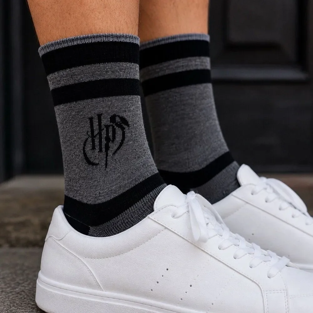 Harry Potter Womens Crew Socks Size 6-12 Gray Black Striped Casual Logo NWT